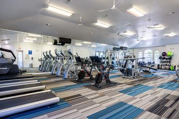 a large fitness room with cardio machines and weights